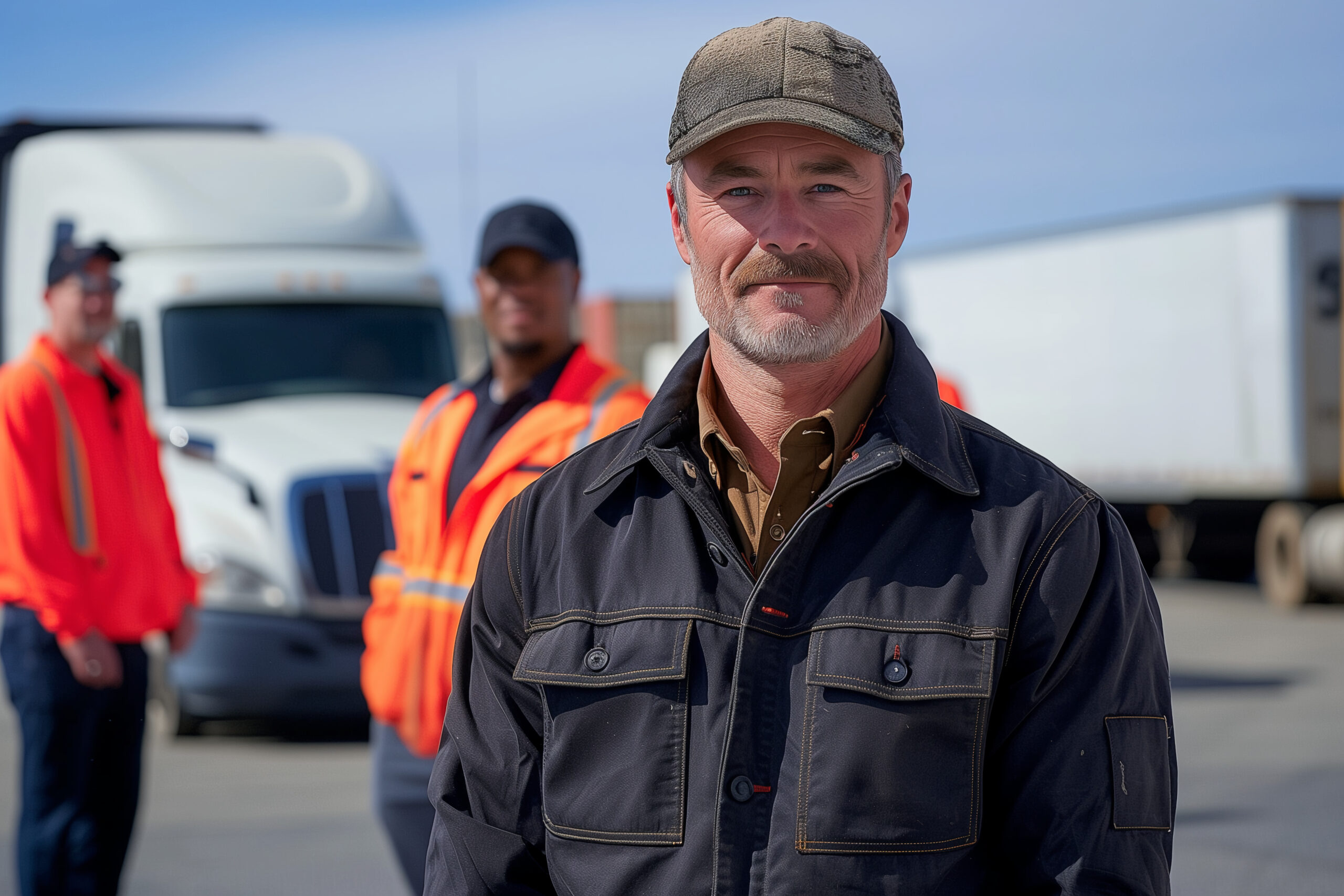 https://s.mj.run/vyX6hKjpr-Y https://s.mj.run/8kuj77nxpIg https://s.mj.run/y2ptaUhhLFU American employees of a transportation company, in the parking lot, blue skies on a bright sunny day. The photography has professional studio lighting and professional color grading, with each member standing at attention against the backdrop of sleek semitrucks. The photo appears to be taken in the style of a raw style. --chaos 10 --ar 3:2 --stylize 200 Job ID: 082e0ec2-d53e-4ad8-9d57-26d69cbde162