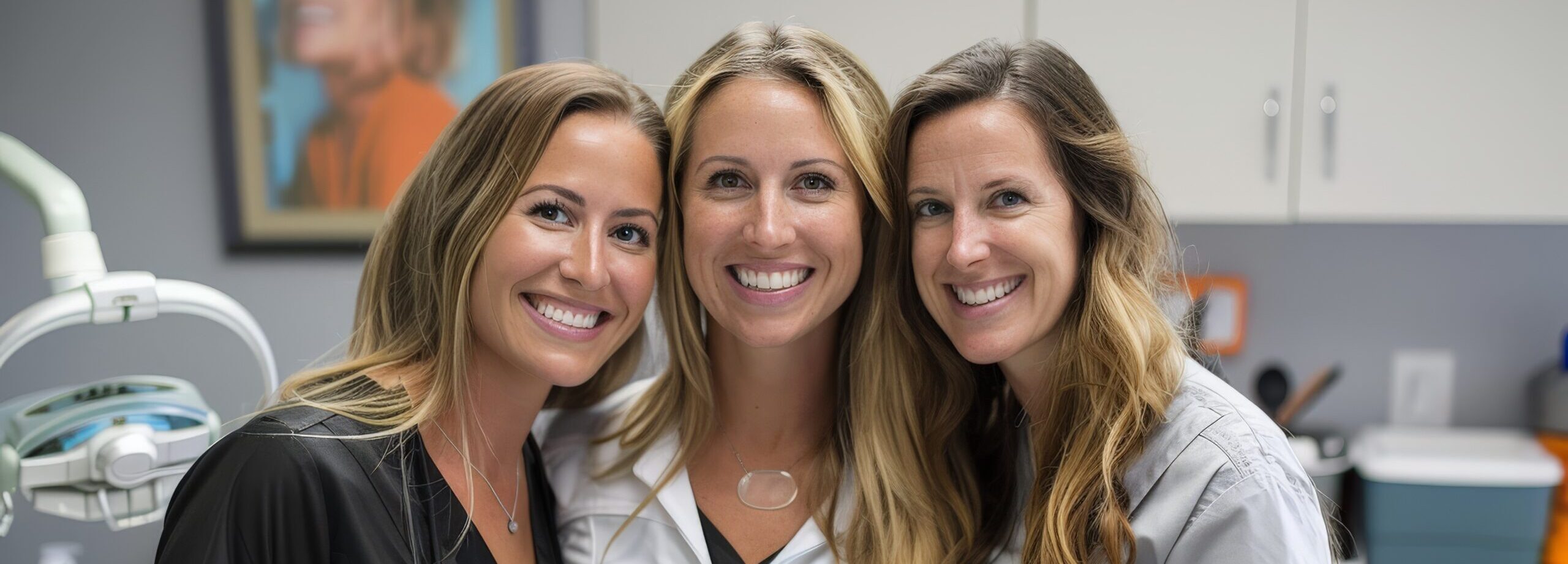 Three smiling dental professionals posing together in a clinic, showcasing teamwork and a friendly work environment.