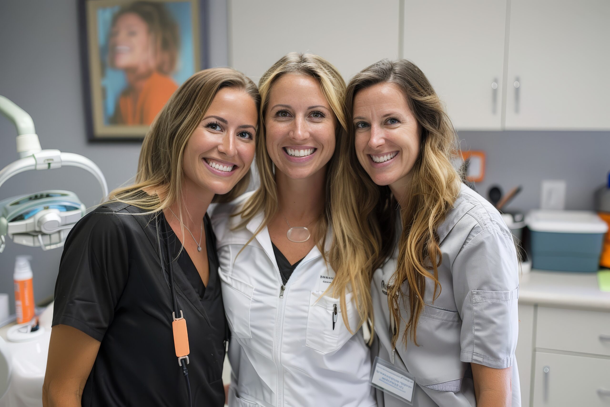 Three smiling dental professionals posing together in a clinic, showcasing teamwork and a friendly work environment.