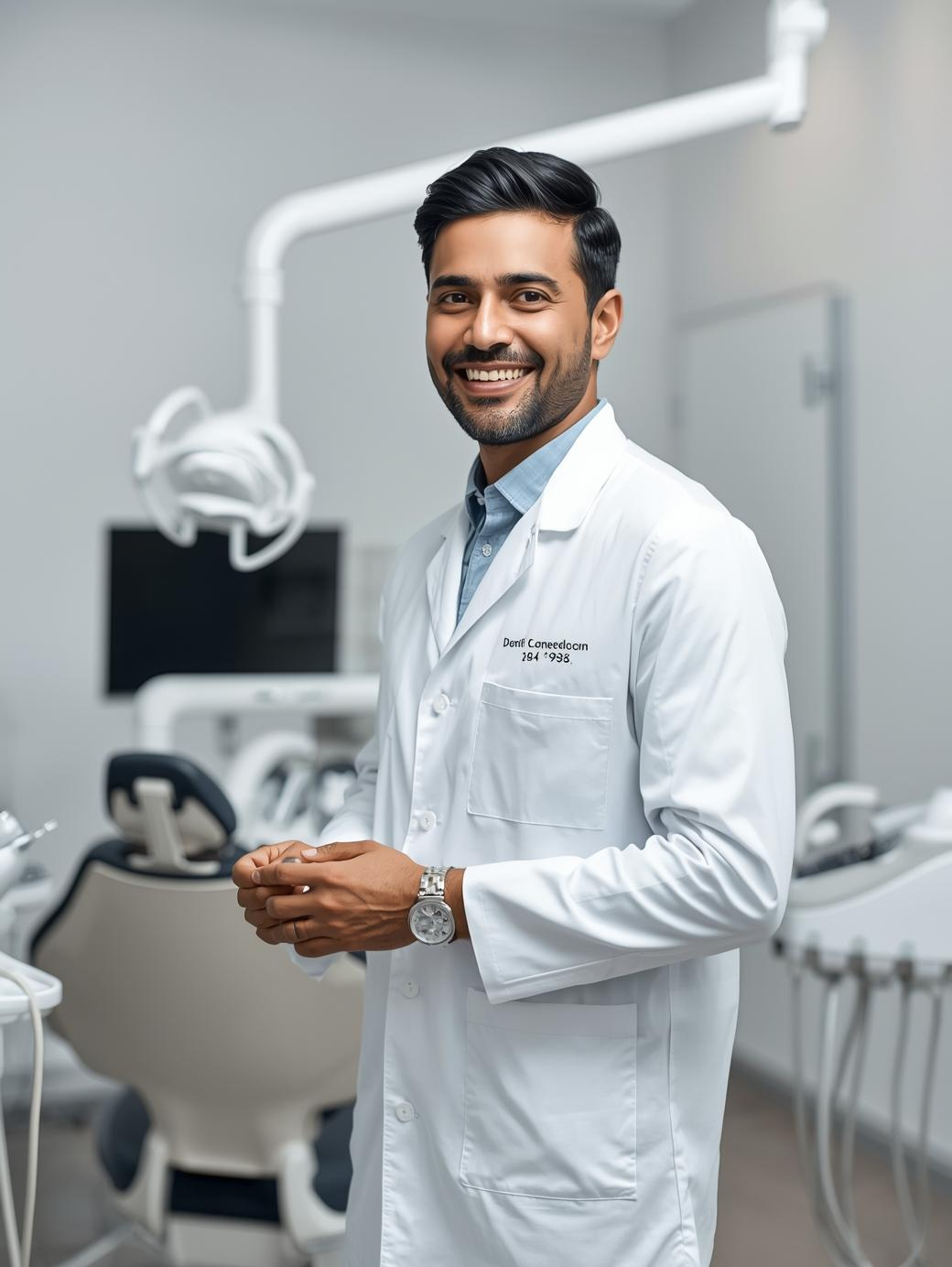Dentist smiling in modern office – representing dental SEO success